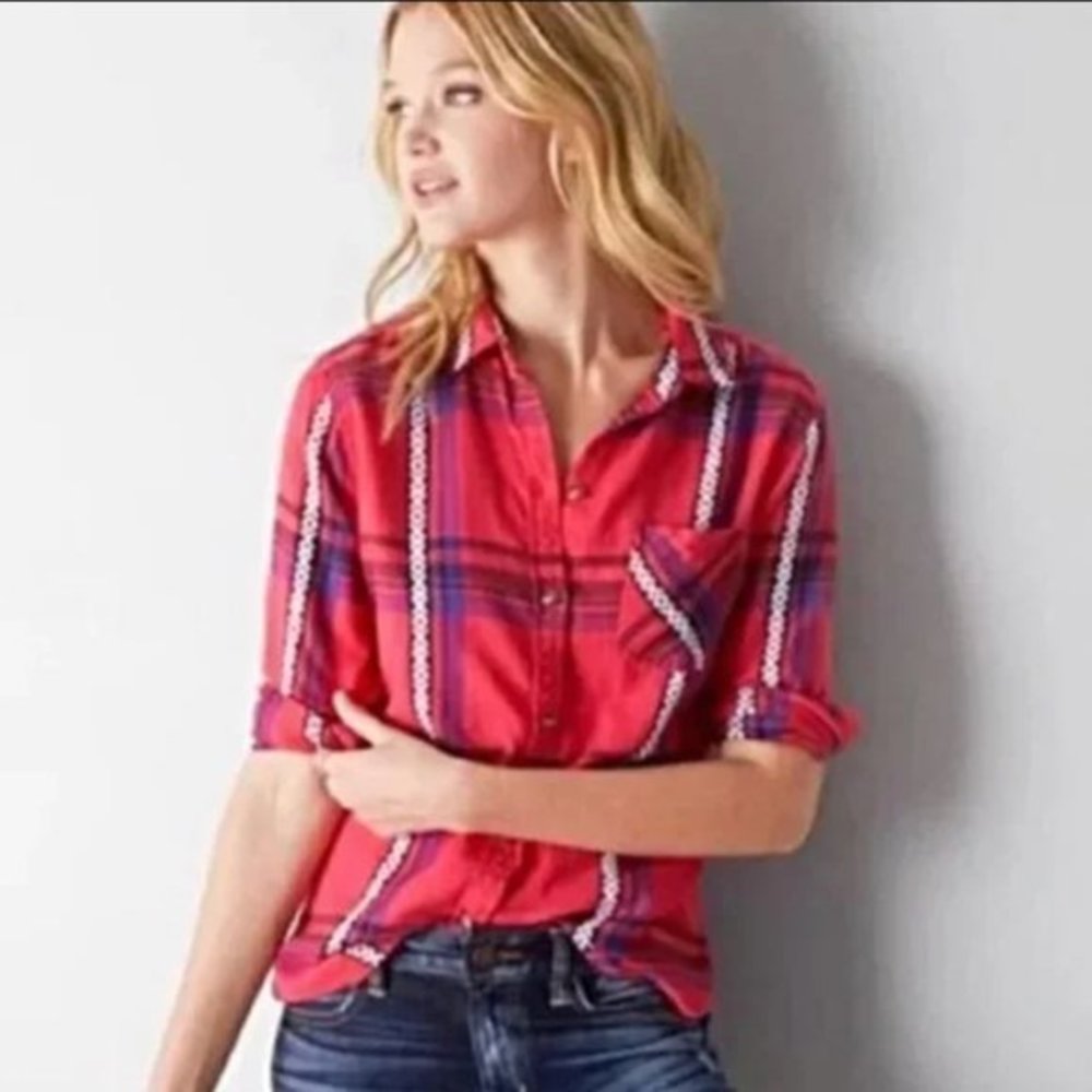 American Eagle Outfitters Medium Pink Plaid Check Vintage Boyfriend Cotton Shirt